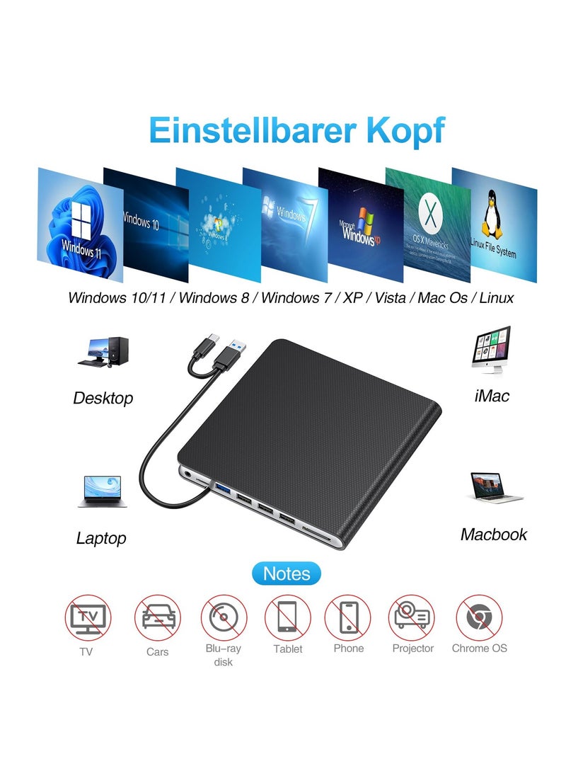 SYOSI External CD DVD Drive for Laptop, USB 3.0 CD Burner External DVD Drive Portable DVD Player with 4 USB and TF/SD Slots, Slim External CD Drive Compatible with Laptop Desktop Mac Windows Linux  - Image 4