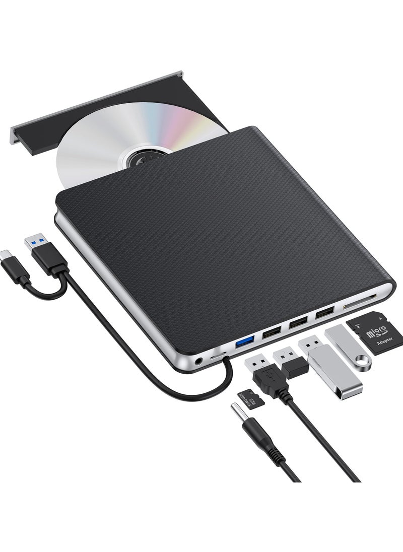 SYOSI External CD DVD Drive for Laptop, USB 3.0 CD Burner External DVD Drive Portable DVD Player with 4 USB and TF/SD Slots, Slim External CD Drive Compatible with Laptop Desktop Mac Windows Linux  - Image 1