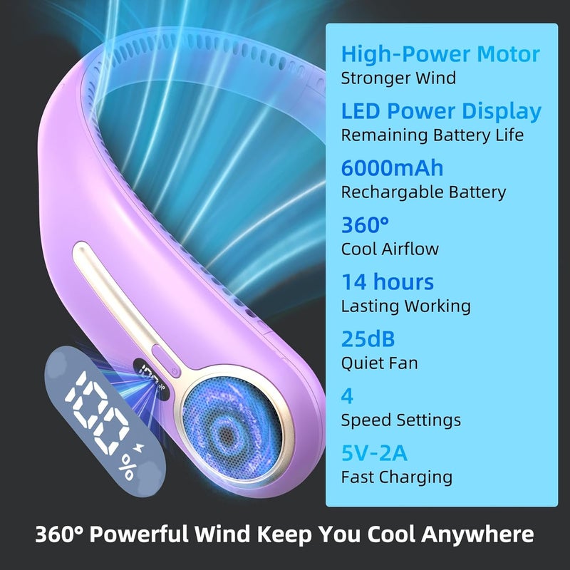 Kinhowly Portable Neck Fan, Personal Wearable Bladeless Fan, 6000mAh USB Rechargeable, 360° Airflow, LED Display, 4-Speeds, Hands Free Fan for Outdoor Indoor, Birthday Gifts for Men Women Dad Mom (Purple) - Image 3