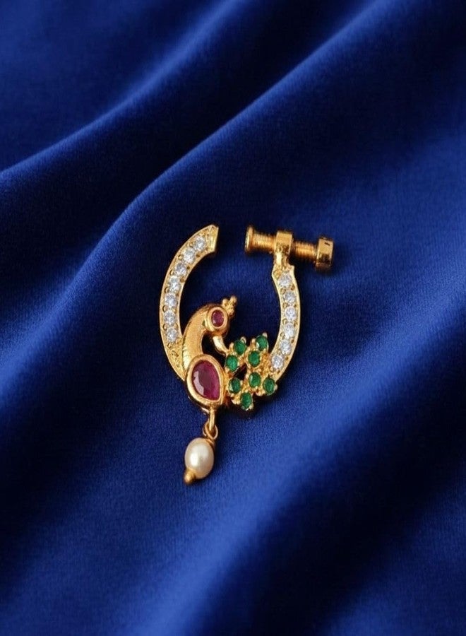 ZEELLO Gold Plated Peacock Nose Pin, Traditional Design with Pink, Green Stones, Pearl Drop, Screw Closure - Image 3
