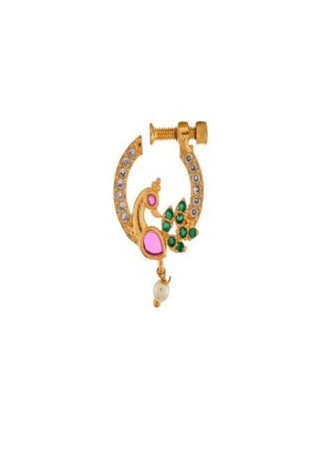 ZEELLO Gold Plated Peacock Nose Pin, Traditional Design with Pink, Green Stones, Pearl Drop, Screw Closure - Image 1