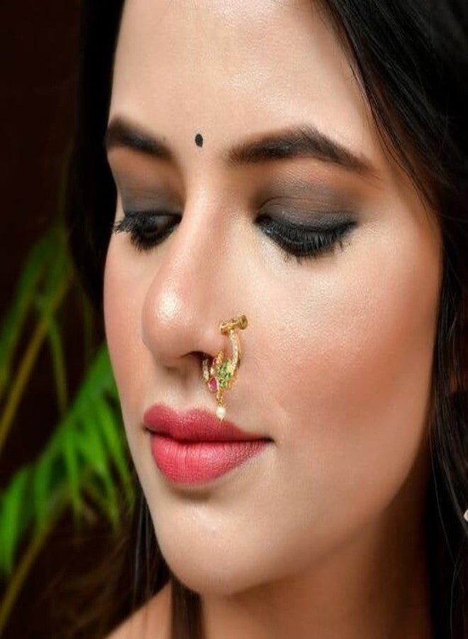 ZEELLO Gold Plated Peacock Nose Pin, Traditional Design with Pink, Green Stones, Pearl Drop, Screw Closure - Image 2