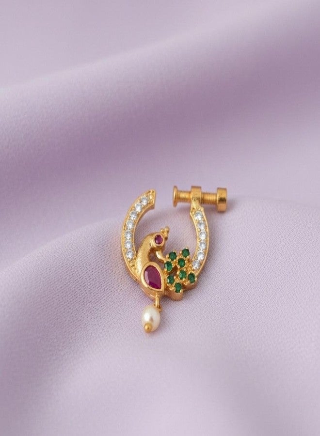 ZEELLO Gold Plated Peacock Nose Pin, Traditional Design with Pink, Green Stones, Pearl Drop, Screw Closure - Image 4