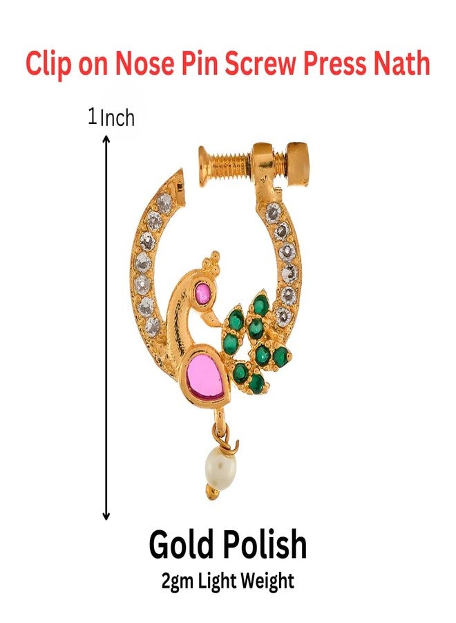 ZEELLO Gold Plated Peacock Nose Pin, Traditional Design with Pink, Green Stones, Pearl Drop, Screw Closure - Image 5