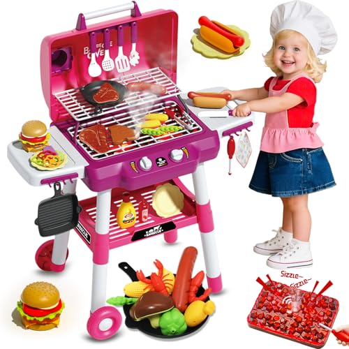 Kimicare Kid Toy Grill, BBQ Grill Playset with Light Sound, Smoke Effect and 2 Wheels, Pretend Food, Little Chef Play Kitchen Accessories, Birthday for Boys Girls Ages 3 4 5 6 7 8 - Image 1