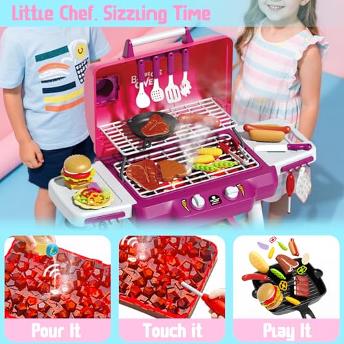 Kimicare Kid Toy Grill, BBQ Grill Playset with Light Sound, Smoke Effect and 2 Wheels, Pretend Food, Little Chef Play Kitchen Accessories, Birthday for Boys Girls Ages 3 4 5 6 7 8 - Image 3