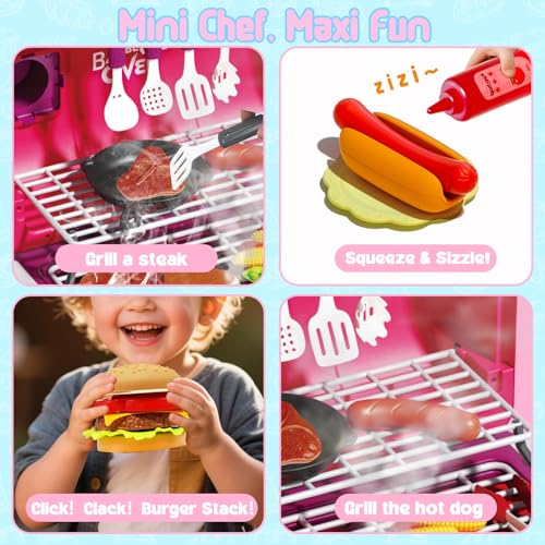 Kimicare Kid Toy Grill, BBQ Grill Playset with Light Sound, Smoke Effect and 2 Wheels, Pretend Food, Little Chef Play Kitchen Accessories, Birthday for Boys Girls Ages 3 4 5 6 7 8 - Image 4