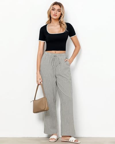 GRAPENT Plus Size Wide Leg Pants Khaki Pants Women's Comfortable for Women Womens Casual Womens Black Linen Khaki Black Stripe Size XX-Large US 20 to 22 - Image 4