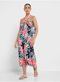 Ginger Halter Neck Tropical Print Midi Dress  - Image 1