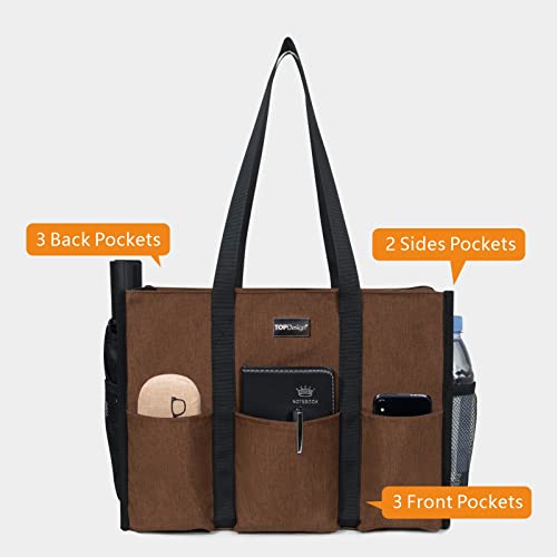 TOPDesign Utility Water Resistant Tote Bag with 13 Exterior & Interior Pockets, Top Zipper Closure & Thick Bottom Support, for Working Women, Teachers, Nurses, Accountants (Brown) - Image 3
