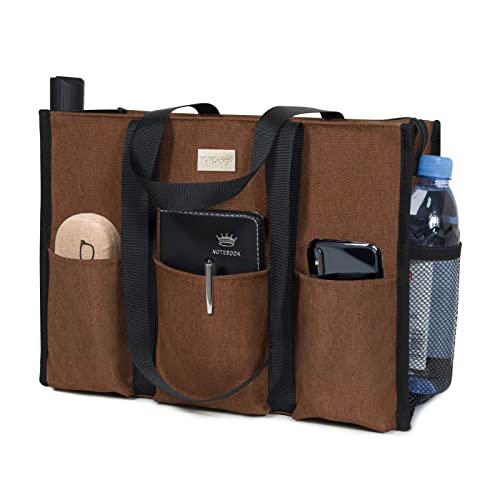 TOPDesign Utility Water Resistant Tote Bag with 13 Exterior & Interior Pockets, Top Zipper Closure & Thick Bottom Support, for Working Women, Teachers, Nurses, Accountants (Brown) - Image 1