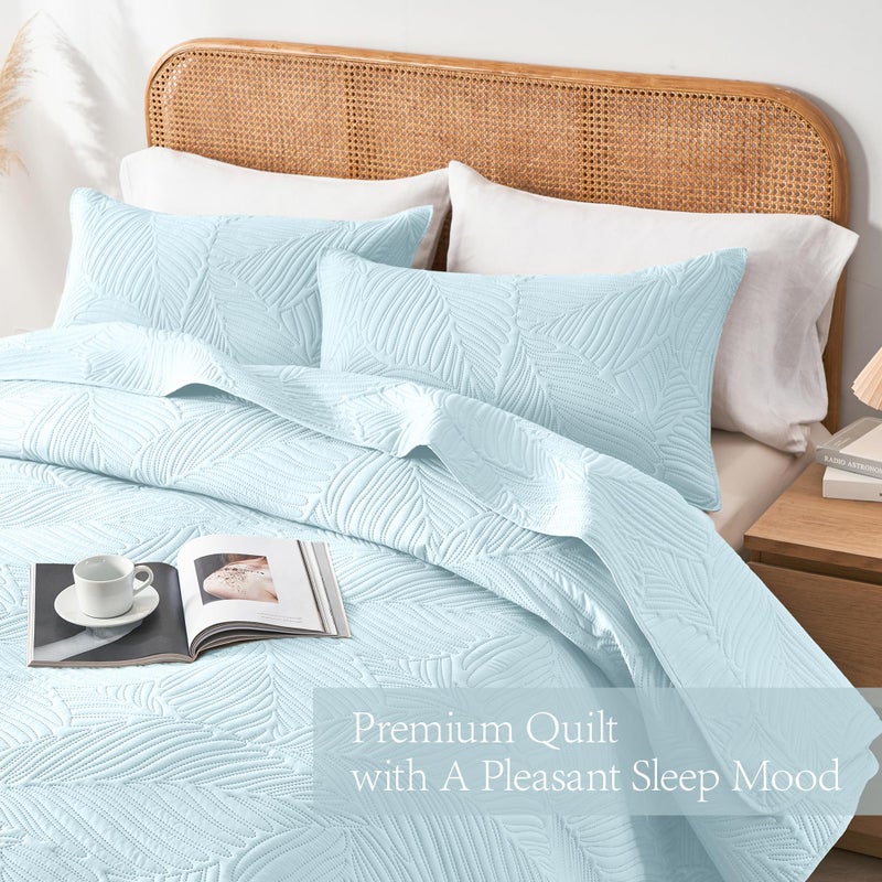 OARAGE Twin Quilt Bedding Set Aqua Blue Soft Lightweight Bedspread with Leaf Pattern Ultrasonic Microfiber Bed Coverlet for All Season (1 Quilt 1 Sham) - Image 3