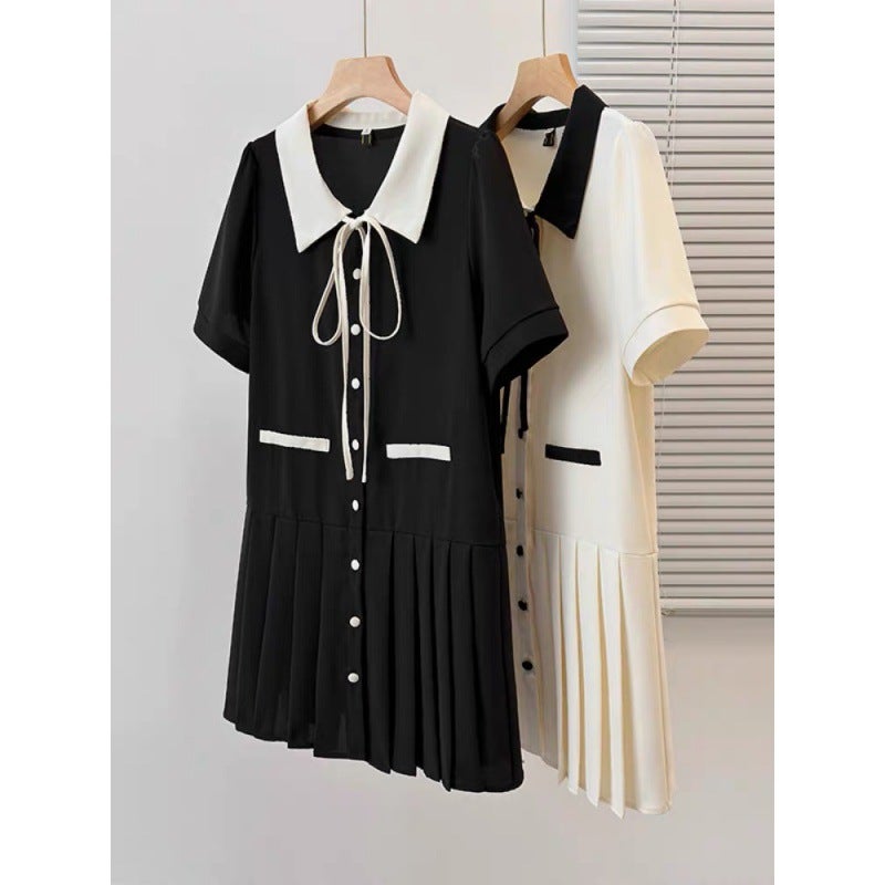 Plus Size Fashionable Small Fragrant Dress for Women Summer 2024 New Fat mm Age-Reducing Slimming Look Belly-Covering Elegant Pleated Skirt black  - Image 1