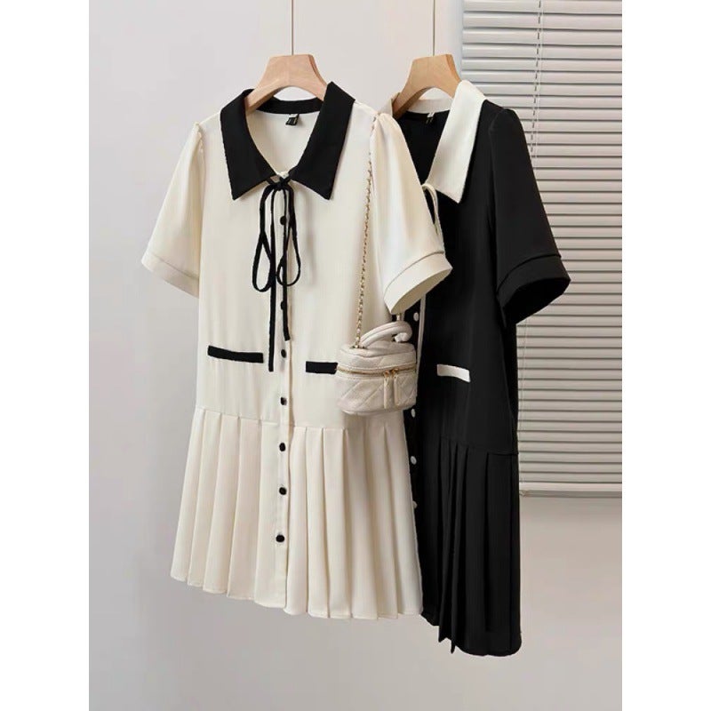 Plus Size Fashionable Small Fragrant Dress for Women Summer 2024 New Fat mm Age-Reducing Slimming Look Belly-Covering Elegant Pleated Skirt black  - Image 2