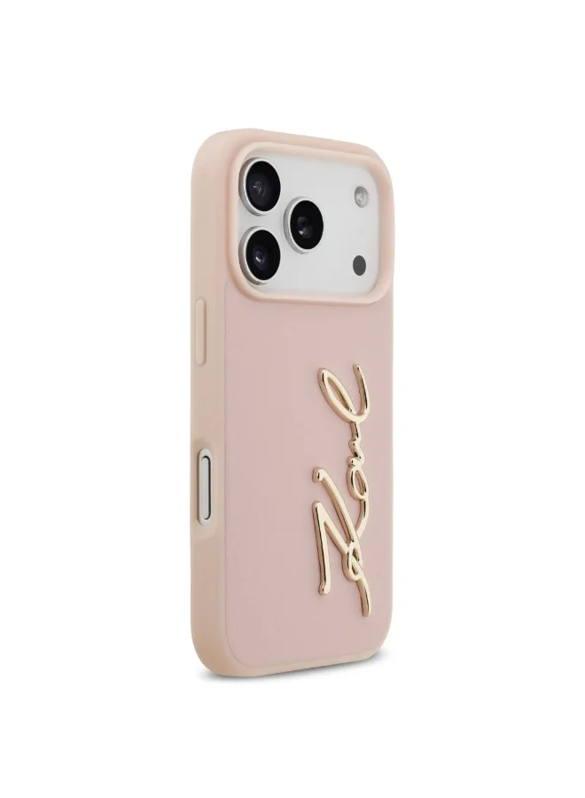 كارل لاغرفيلد جراب iPhone 17 Pro Max / جراب من جلد البولي يوريثان مع شعار Karl Script والأزرار - وردي