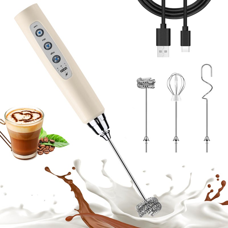 Nahida Beige Milk Frother Wand for Coffee Frother Handheld Rechargeable Electric Whisk with 3 Heads 3 Speeds Drink Mixer Coffee Frother Foam Maker For Latte Cappuccino Hot Chocolate Egg