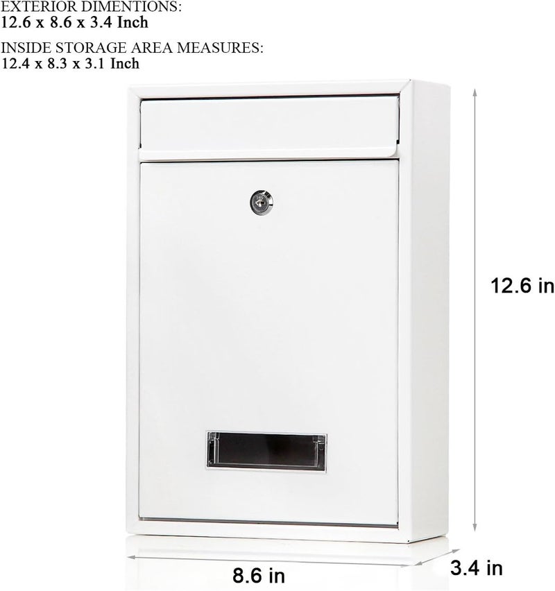 Jssmst Locking Mailboxes Wall Mounted Vertical – Key Lock Mail Box Medium Capacity Galvanized Steel Cover Rust-Proof Metal Post Box, 12.6 x 8.5 x 3.4 Inch, White, SM-0604L - Image 2