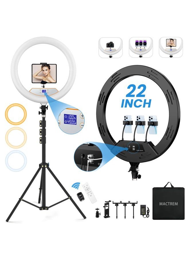 MACTREM 22'' Ring Light with 75'' Tripod Stand, LED Display/2 USB Ports/6500K Dimmable Ring Light with ipad Phone Holder for Tattoo Lash Live Makeup Video Recording TikTok Barber Stylist Photography - Image 1