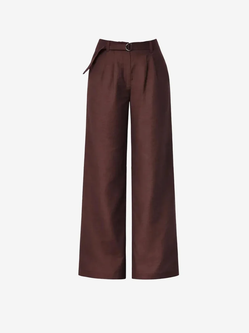 ميكسراي MIXRAY High Waist Textured Wide Leg Belted Pants