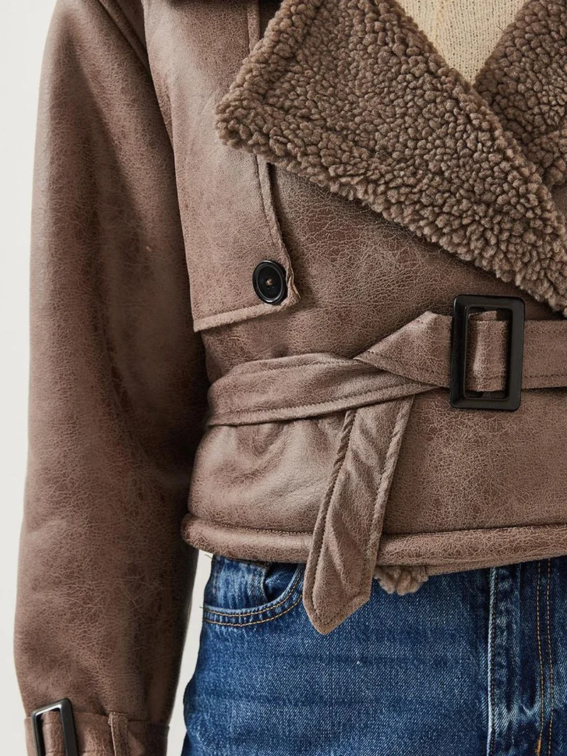 Bianco Lucci LUCCI Faux Leather Crop Jacket with Shawl Collar