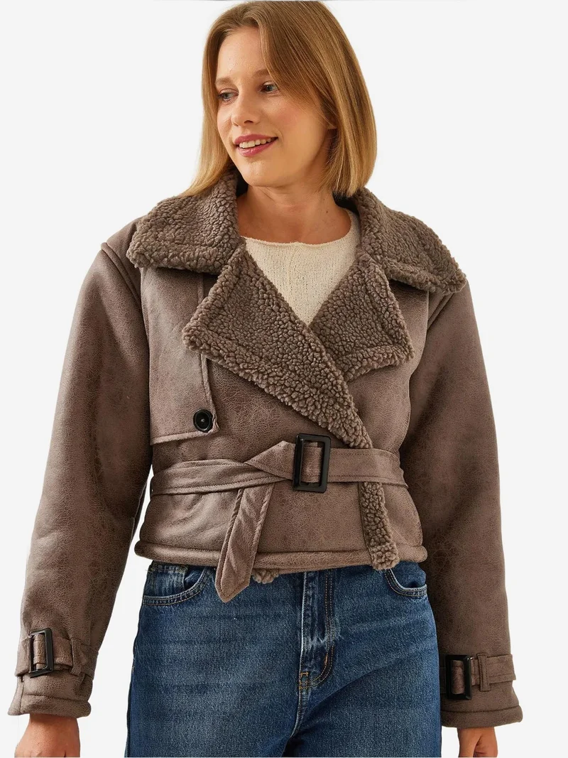 Bianco Lucci LUCCI Faux Leather Crop Jacket with Shawl Collar