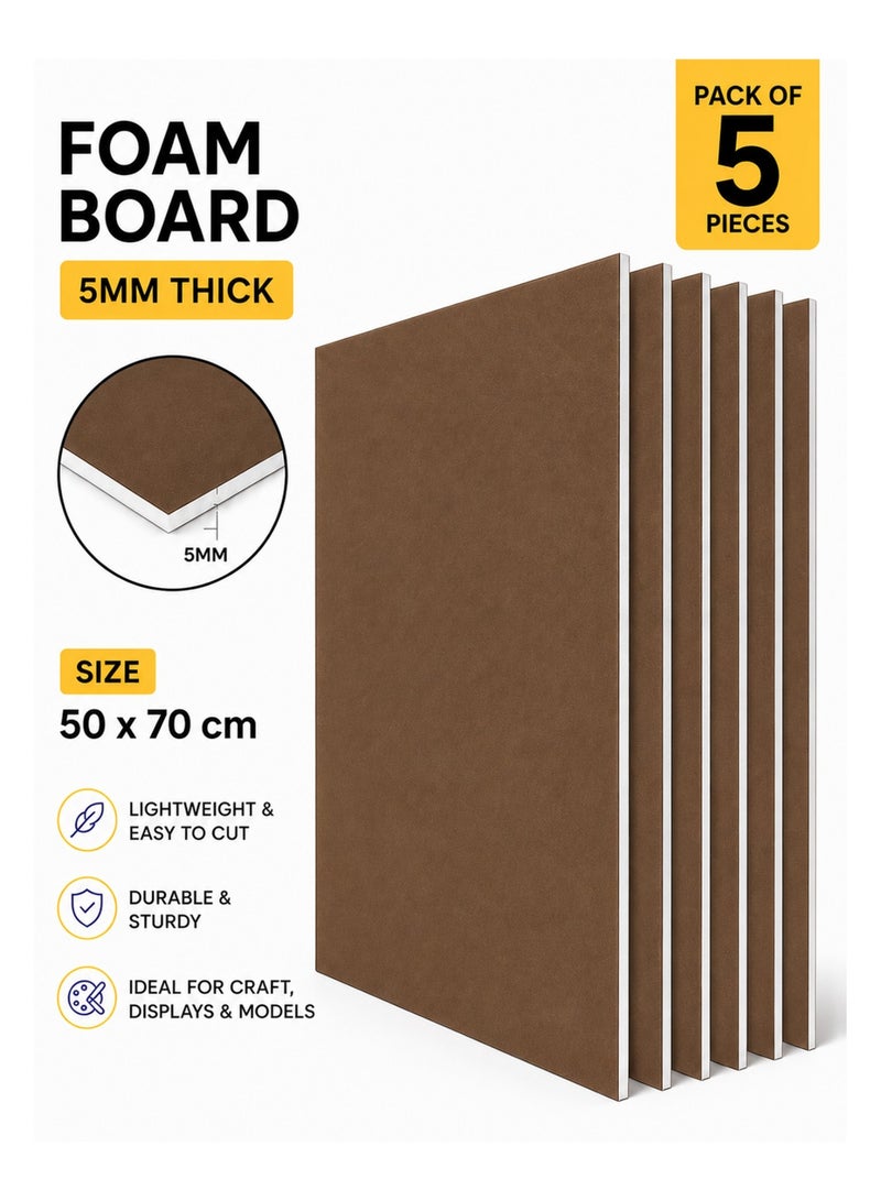 5-Piece 5mm Thick Foam Board For Craft And Illustration 50x70cm Size Brown - Image 1
