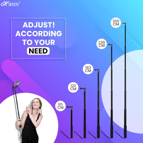 HIFFIN 118"/3 Meters Ultra Long Selfie Stick for Go Pro Max Hero 9 8 7 6 5 4 3+, Insta 360 One R One X, DJI Osmo Action, Extendable at 6 Lengths Carbon Fiber Lightweight Pole Monopod… - Image 3