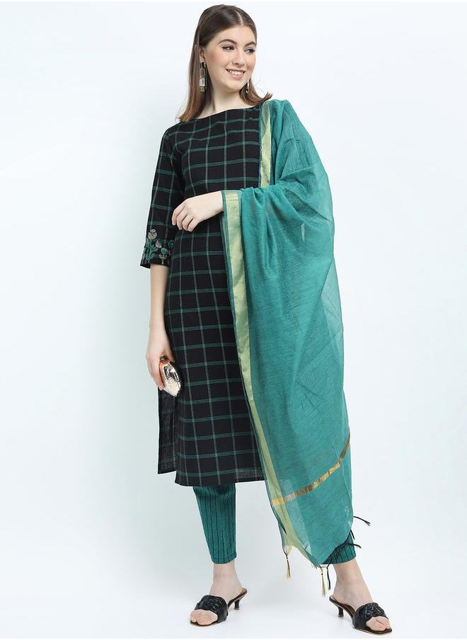 Vishudh Women Black & Teal Checked Cotton Kurta Set by Styli  - Image 1