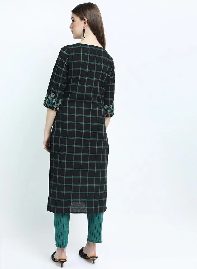 Vishudh Women Black & Teal Checked Cotton Kurta Set by Styli
