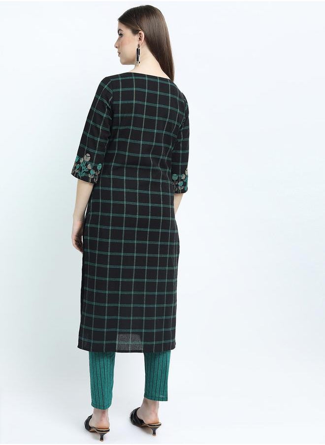 Vishudh Women Black & Teal Checked Cotton Kurta Set by Styli  - Image 4