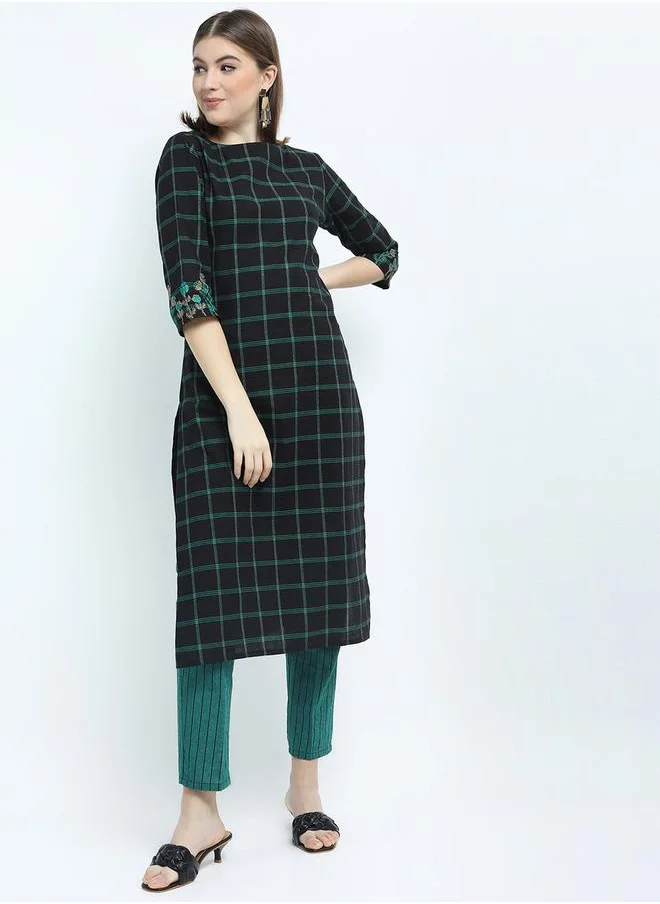فيشود Women Black & Teal Checked Cotton Kurta Set by Styli