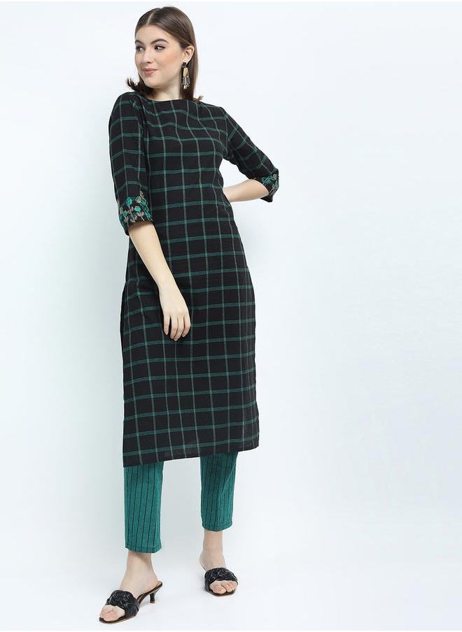 Vishudh Women Black & Teal Checked Cotton Kurta Set by Styli  - Image 2