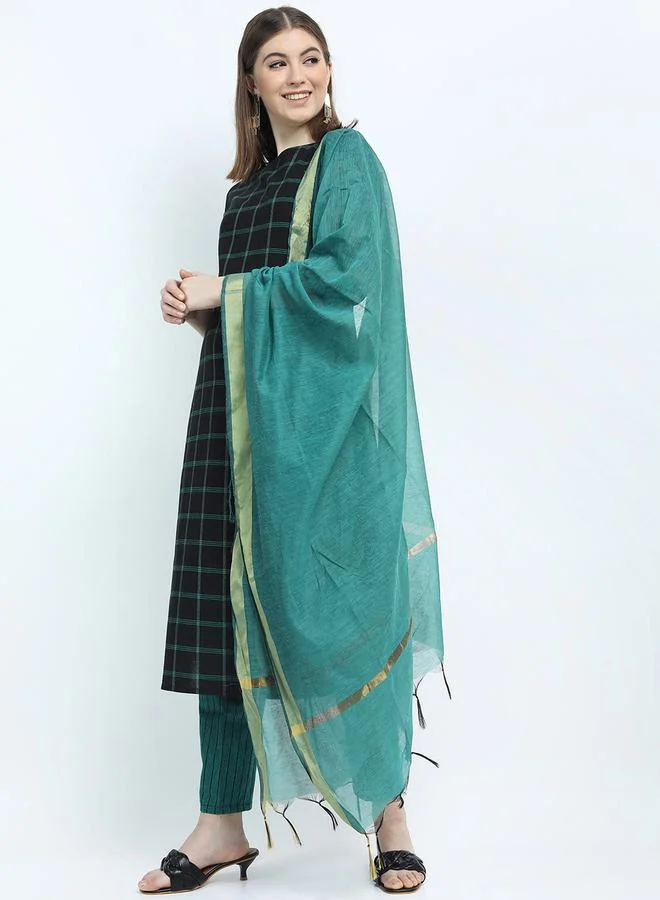 Vishudh Women Black & Teal Checked Cotton Kurta Set by Styli