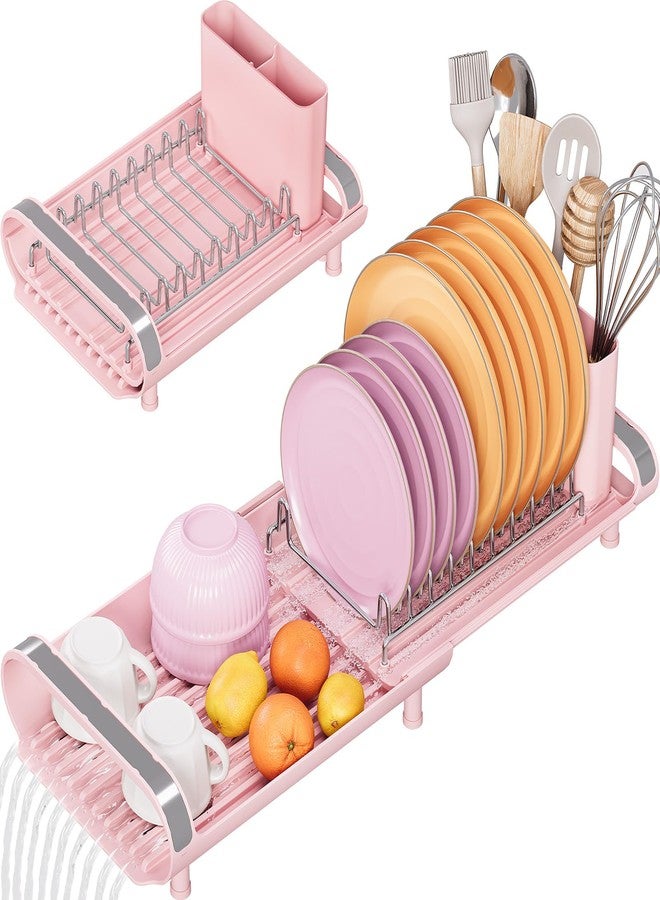 TOOLF Small Dish Drying Rack, Mini Expandable Compact Dish Rack, Slim Extendable Stainless Steel Dish Drainer for Kitchen Plate Storage, Space Saving Dish Strainer in Sink or on Home Countertop, Pink - Image 1