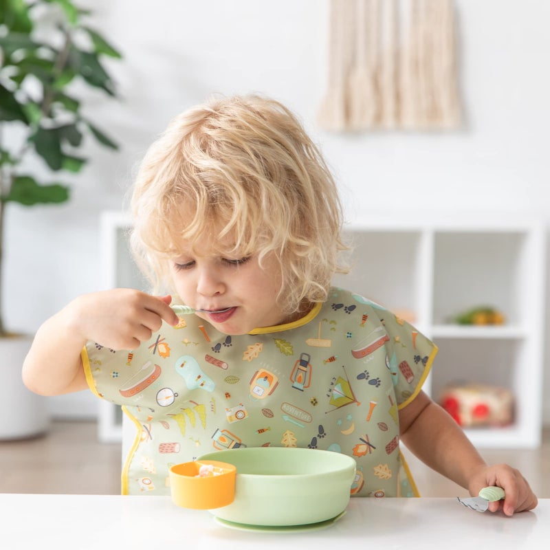 Bumkins Toddler Utensils, Kids Size Fork and Spoon Set, Silicone and Stainless-Steel Training Silverware, Angled Forks / Sporks for Self-Feeding, Children Hold Learning to Eat, 18 Mos Up, Sage Green - Image 2