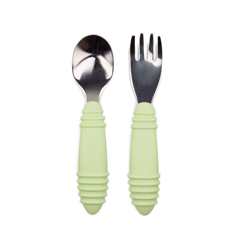 Bumkins Toddler Utensils, Kids Size Fork and Spoon Set, Silicone and Stainless-Steel Training Silverware, Angled Forks / Sporks for Self-Feeding, Children Hold Learning to Eat, 18 Mos Up, Sage Green - Image 1