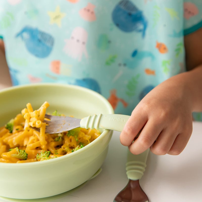 Bumkins Toddler Utensils, Kids Size Fork and Spoon Set, Silicone and Stainless-Steel Training Silverware, Angled Forks / Sporks for Self-Feeding, Children Hold Learning to Eat, 18 Mos Up, Sage Green - Image 3