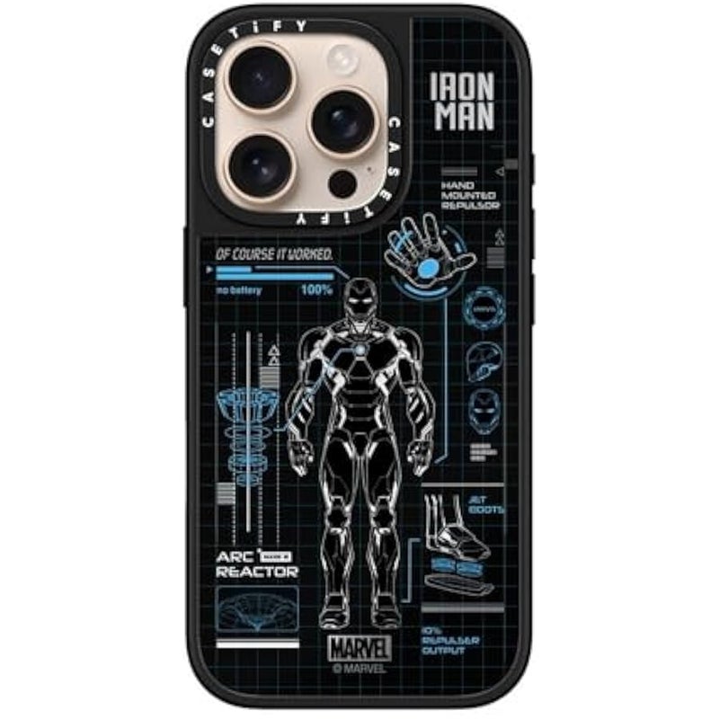 Casetify Mirror iPhone 16 Pro Case 【Iron Man Co-Lab/Reflective / 4.9ft Drop Protection/Compatible with Magsafe】 - Iron Man Blue Print Tech - Blue - Silver on Black - Image 3