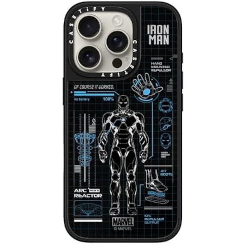 Casetify Mirror iPhone 16 Pro Case 【Iron Man Co-Lab/Reflective / 4.9ft Drop Protection/Compatible with Magsafe】 - Iron Man Blue Print Tech - Blue - Silver on Black - Image 2