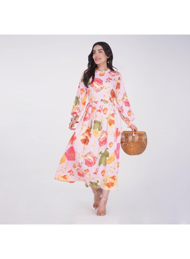 Linelle Rayon Floral Soft-Tone Maxi Dress – High Neck with Elastic Cuff, - Image 1