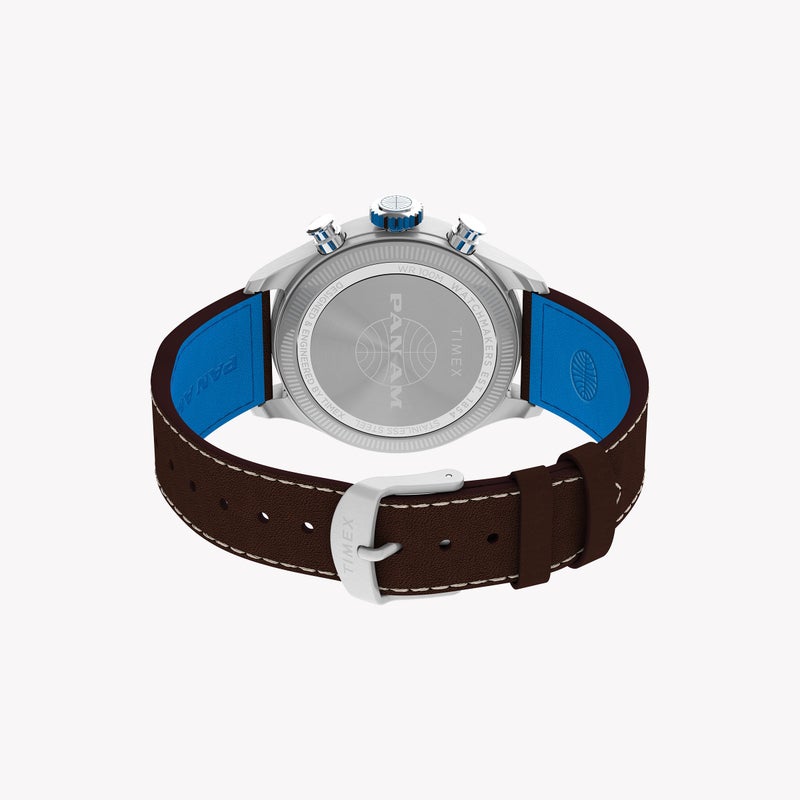 تيميكس ساعة ووتربري ACE بان آم إصدار خاص كرونوغراف بهيكل من الستانلس ستيل وميناء فضي وسوار جلدي بني — رقم الموديل TW2Y38700. - Image 5