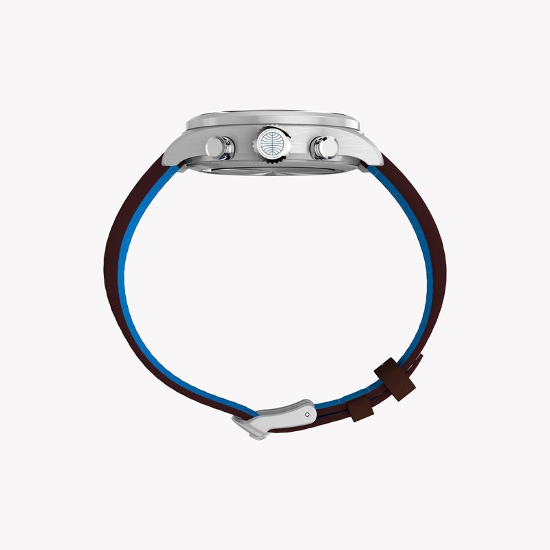 تيميكس ساعة ووتربري ACE بان آم إصدار خاص كرونوغراف بهيكل من الستانلس ستيل وميناء فضي وسوار جلدي بني — رقم الموديل TW2Y38700. - Image 2