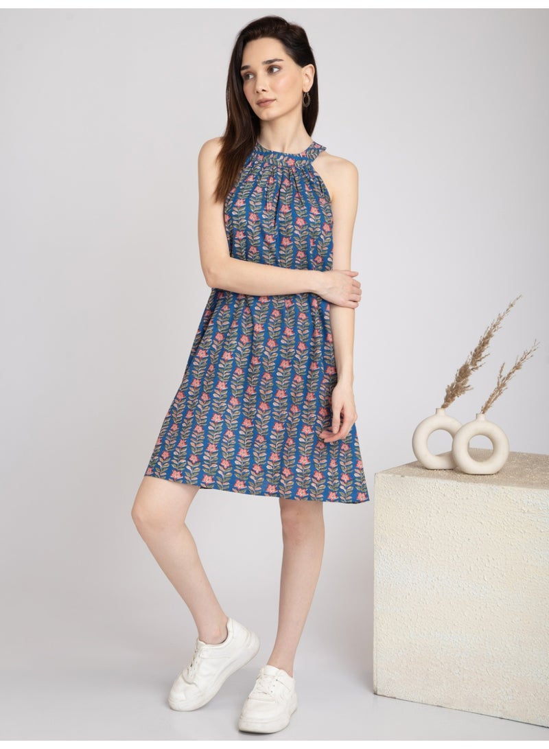 Women's Halter Neck Knee-Length Floral Print Cotton Summer Dress, Blue - Image 2