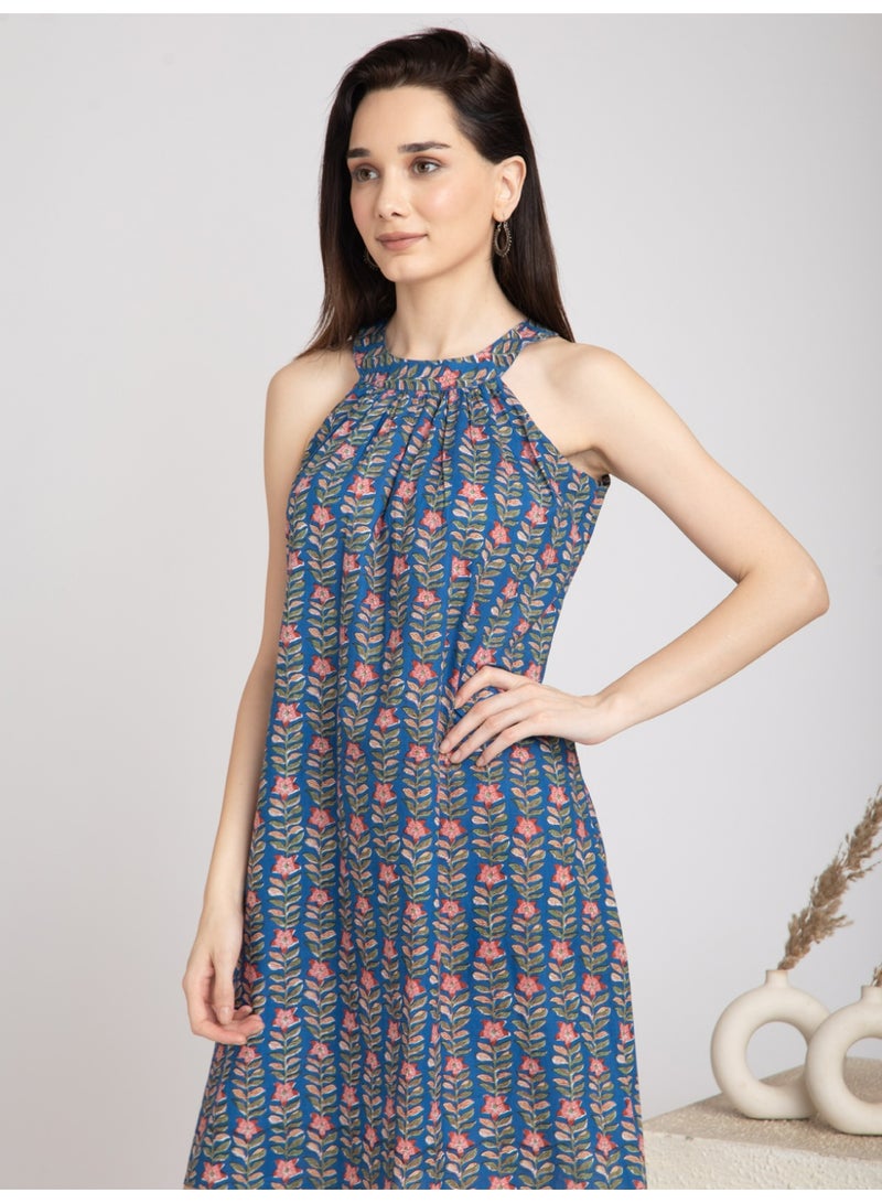 Women's Halter Neck Knee-Length Floral Print Cotton Summer Dress, Blue - Image 4