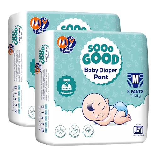 MyAid SOOO GOOD Baby Diaper Pants With Aloe Lotion & Wetness Indicator | Soft & Comfortable | Fast Absorption, Rash-Free, Leak-Proof, Medium Size (M) 7-12 kg, 16 Count, Pack of 2 - Image 1