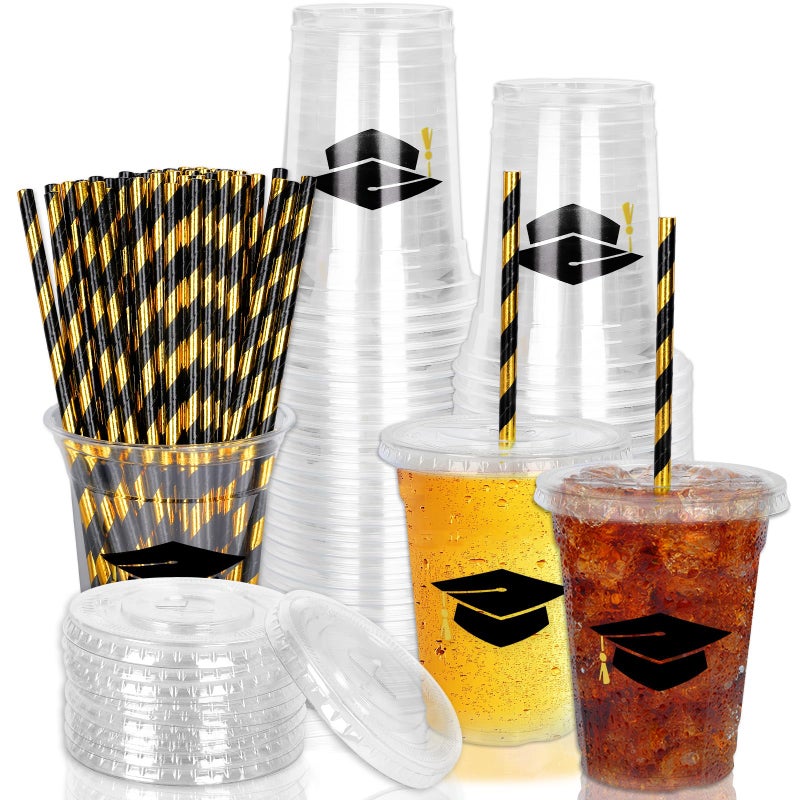 Whaline 50Pcs 12Oz Graduation Disposable Plastic Cups with Lids and Straws Black Graduation Cap Cold Beverage Drinking Cups for College High School Grad Party Supplies - Image 1