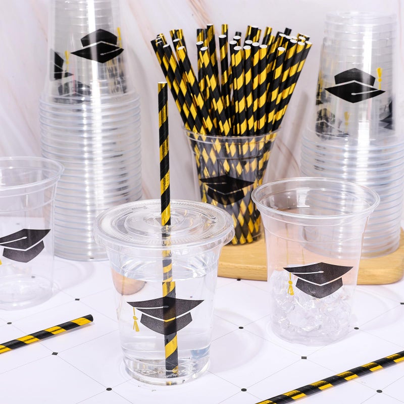 Whaline 50Pcs 12Oz Graduation Disposable Plastic Cups with Lids and Straws Black Graduation Cap Cold Beverage Drinking Cups for College High School Grad Party Supplies - Image 4