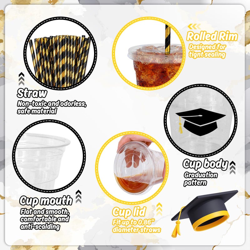 Whaline 50Pcs 12Oz Graduation Disposable Plastic Cups with Lids and Straws Black Graduation Cap Cold Beverage Drinking Cups for College High School Grad Party Supplies - Image 3