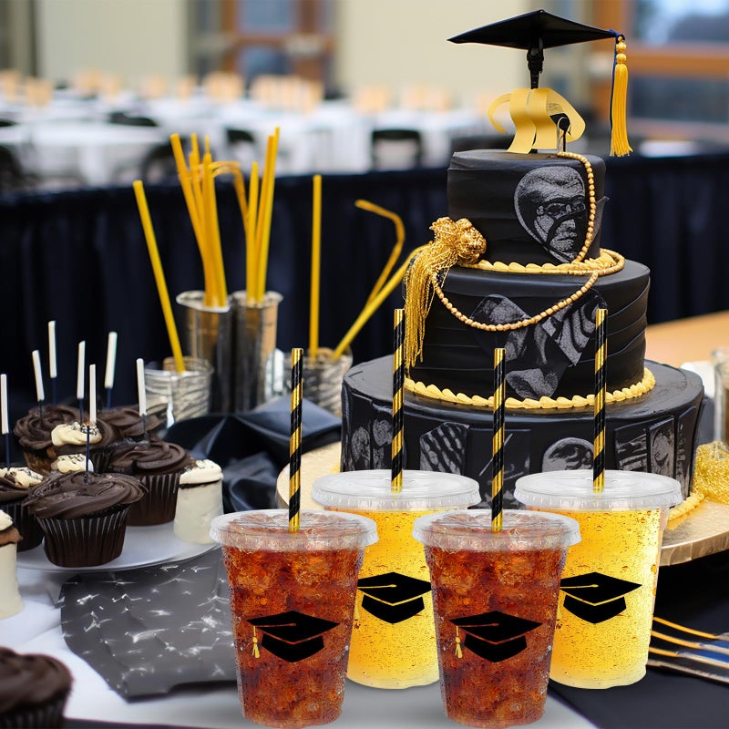 Whaline 50Pcs 12Oz Graduation Disposable Plastic Cups with Lids and Straws Black Graduation Cap Cold Beverage Drinking Cups for College High School Grad Party Supplies - Image 5