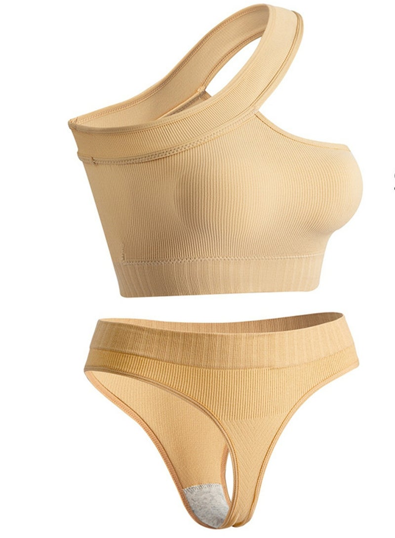Loquat Women's Solid Color Sport Fitness Lingerie Set 2-piece Seamless Wireless Slanted Shoulders Vest+Low Waist Briefs Sport Suit Beige 